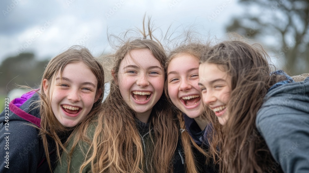 A group of young female friends capturing a joyful moment, radiating excitement and happiness A group of young female friends capturing a joyful moment, radiating excitement and happiness
