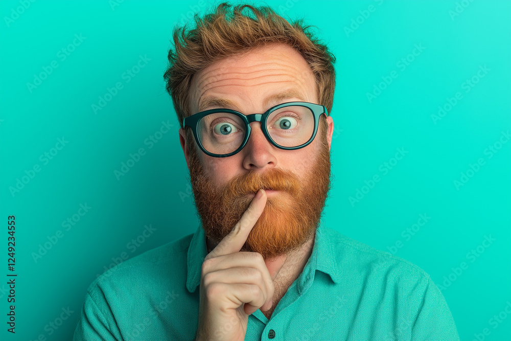 Expression of surprise and curiosity from a bearded man with glasses against a vibrant turquoise background Expression of surprise and curiosity from a bearded man with glasses against a vibrant turquoise background