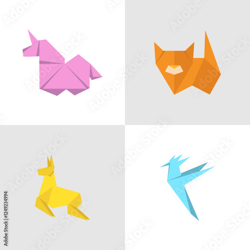 Origami animal icons set cartoon vector Japanese origami folded paper figure