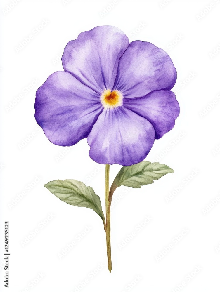 Fototapeta premium A delicate purple flower with five petals and green leaves, showcasing vibrant colors and natural beauty.
