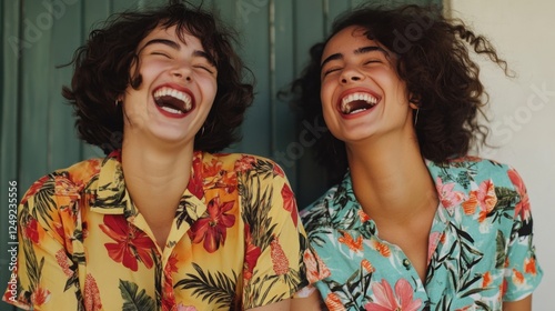 A joyful portrait of best friends wearing matching outfits, laughing together photo