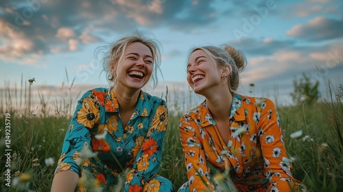 A joyful portrait of best friends wearing matching outfits, laughing together photo