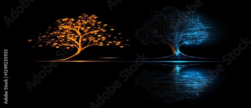 Dualistic Trees: Golden Light meets Azure Glow in Reflective Symmetry photo