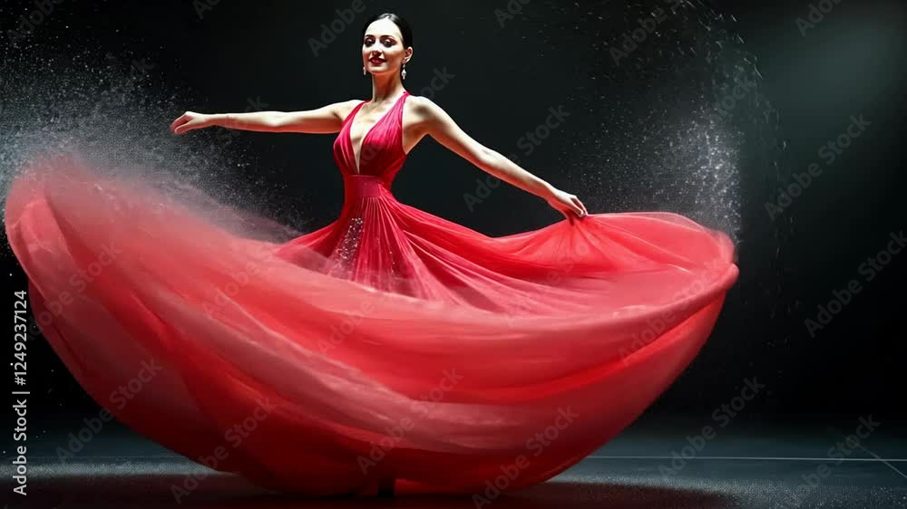 Elegant woman in red dress captivates audience with graceful dance performance in modern setting