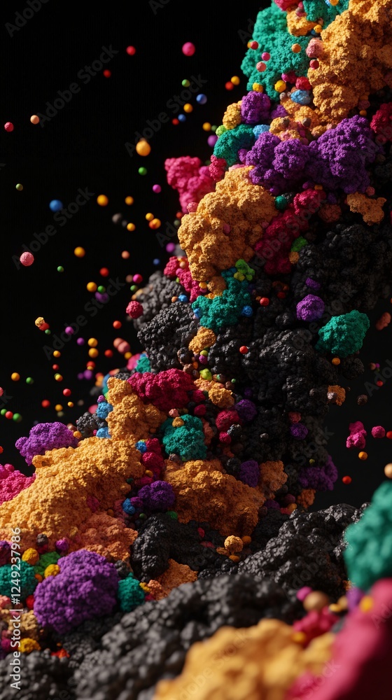 Fototapeta premium Colorful aggregates against a stark backdrop, with scattered vibrant spheres