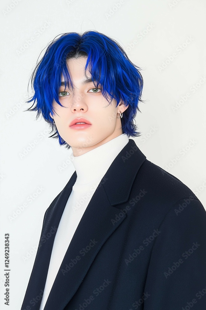 Young Man with Vibrant Blue Hair in Stylish Outfit Young Man with Vibrant Blue Hair in Stylish Outfit