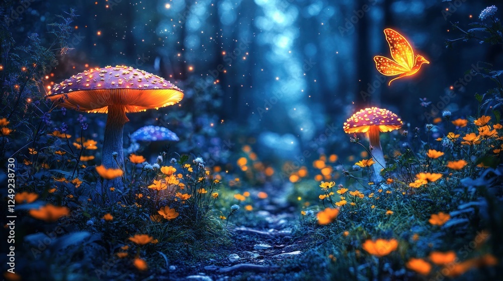 Obraz premium Glowing mushrooms, fairy forest path, fantasy, night