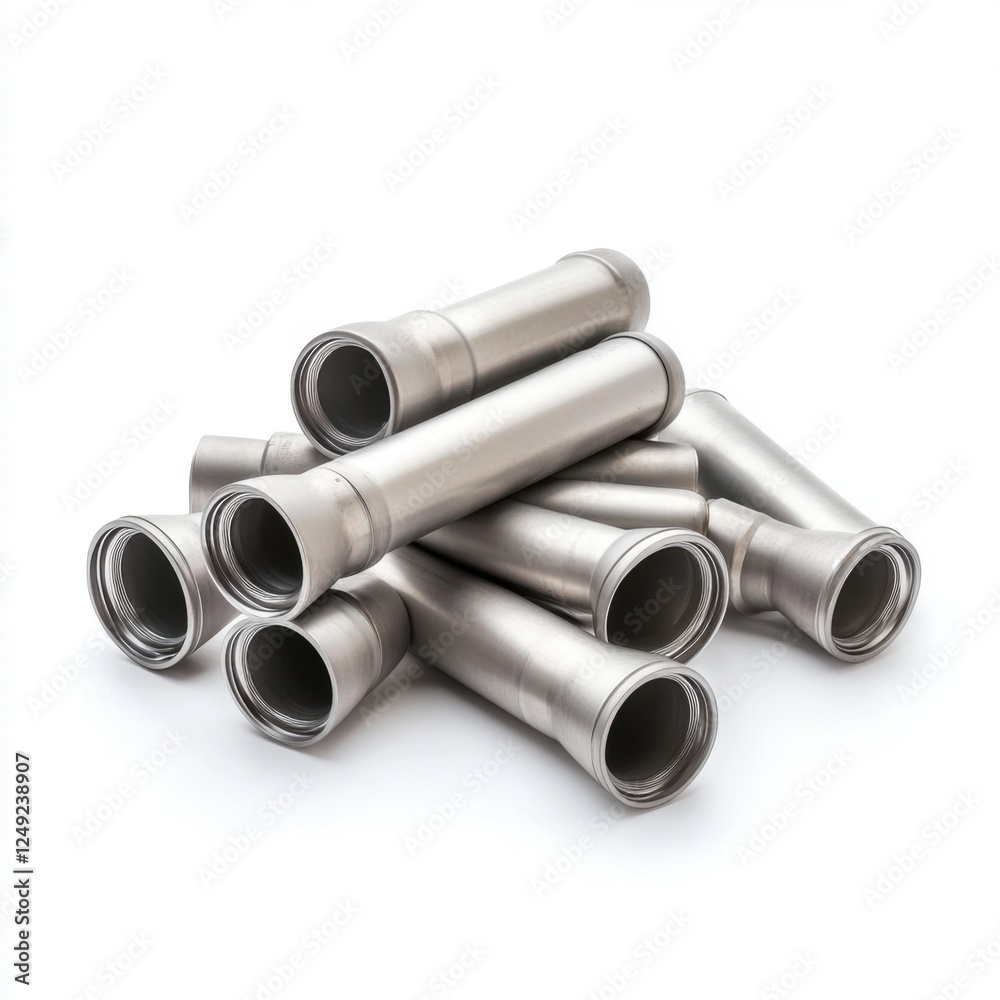 Fototapeta premium Pile of Metallic Tubes in Various Sizes on a Clean Surface for Industrial and Commercial Applications