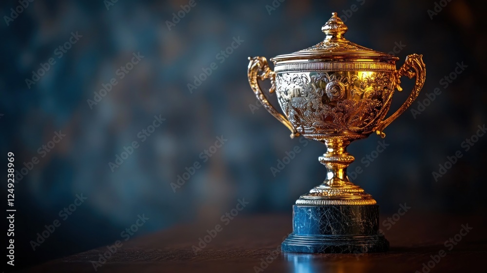 Gold trophy award on wood, dark background Gold trophy award on wood, dark background