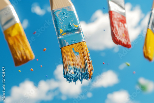 Vibrant paintbrushes dangle under a clear blue sky with colorful droplets falling in a creative outdoor setting photo