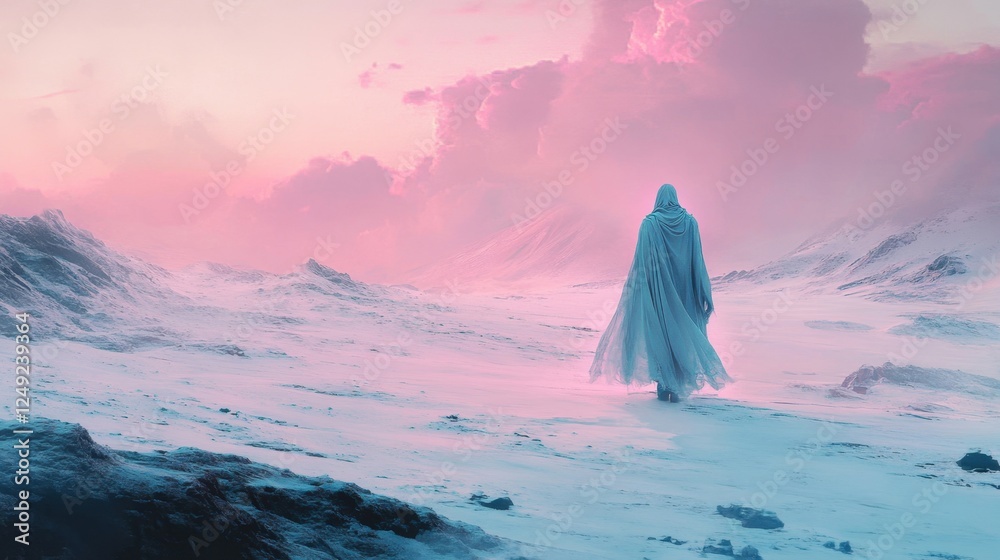 A mysterious lone figure in a flowing white cloak walking across a frozen desert, illuminated by an eerie pink sky