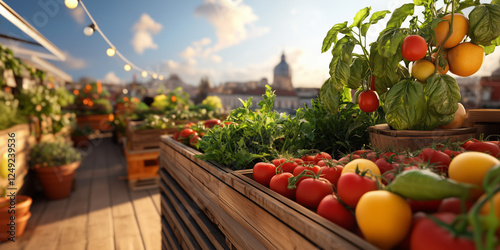 Vibrant urban rooftop gardens showcase regenerative living and circular economy. Upcycled materials, community farming. photo