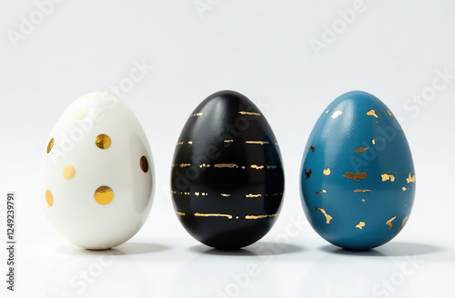 Colorful Eggs with Gold Spots on White Background, Easter Card. AI Generative photo