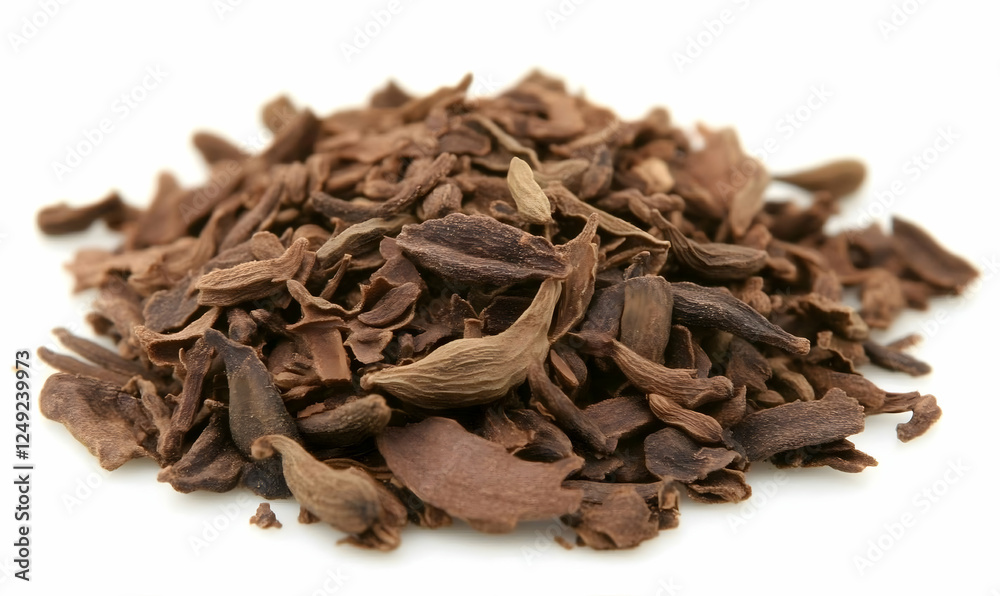 Aromatic Cinnamomum cassia bark chips for cooking on white. Can be used to create an ingredient shot for a healthy recipe or dessert Aromatic Cinnamomum cassia bark chips for cooking on white. Can be used to create an ingredient shot for a healthy recipe or dessert