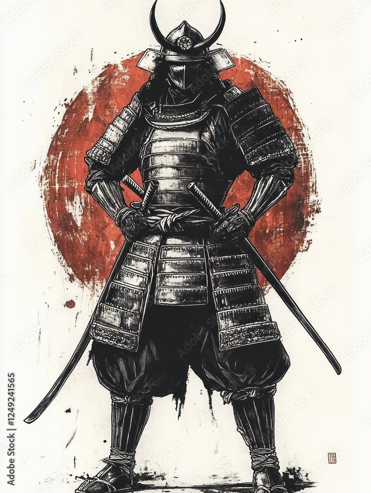 Fototapeta premium Samurai Warrior in Traditional Armor Holding Katana Historical Japanese Culture Woodblock Print Black and White Engraving Illustration