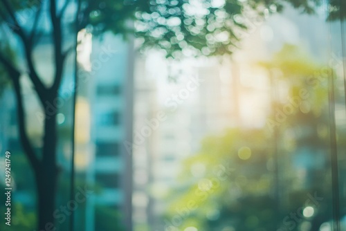 Wallpaper Mural Blurry city park view through office window Torontodigital.ca