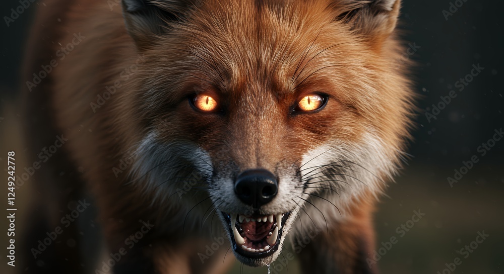 Obraz premium An angry red fox bares its teeth with glowing eyes
