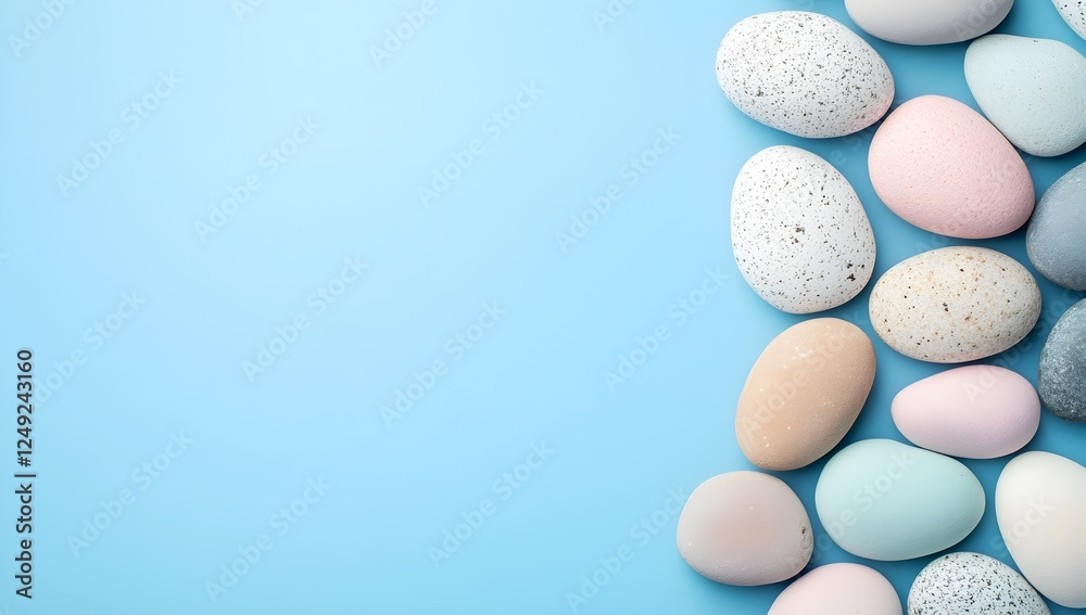 Flat Lay of Pastel-Colored Pebbles on Blue Background Symbolizing Easter Calm Flat Lay of Pastel-Colored Pebbles on Blue Background Symbolizing Easter Calm