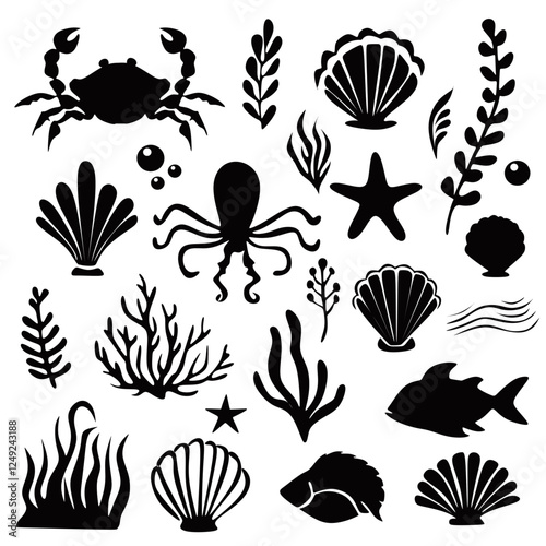 sea ornament silhouette vector set. Underwater world. crab, octopus, starfish, shellfish, fish, seaweed, coral, bubbles