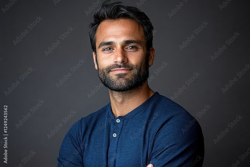 Fototapeta premium Confident Proud Bearded Indian Businessman in Navy Blue Shirt Standing Isolated on Gray