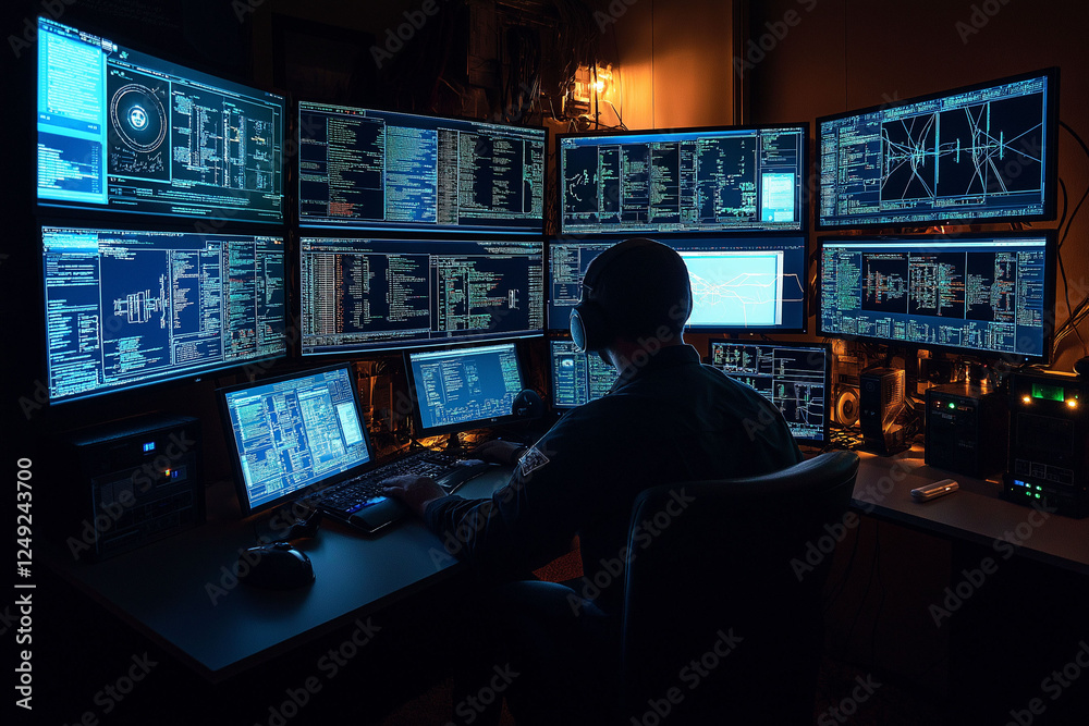 OT security industrial defense. Cybersecurity detection. Infrastructure firewall. Monitoring resilience. A security analyst reviewing encrypted industrial data in a professional setting. OT security industrial defense. Cybersecurity detection. Infrastructure firewall. Monitoring resilience. A security analyst reviewing encrypted industrial data in a professional setting.