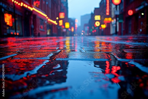 Wallpaper Mural Vibrant reflections on wet cobblestones in a neon-lit urban alley at dusk Torontodigital.ca