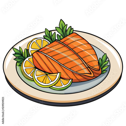 Grilled Salmon Fillet Illustration: Fresh Fish Dish with Lemon Wedges & Parsley on Plate, Food Art, Restaurant Menu Graphic