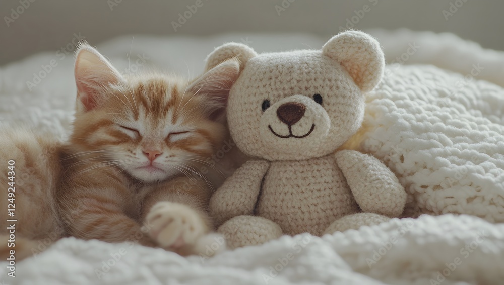 Fototapeta premium A Cute Kitten Sleeping Next to an Adorable Teddy Bear Toy on a Soft White Blanket