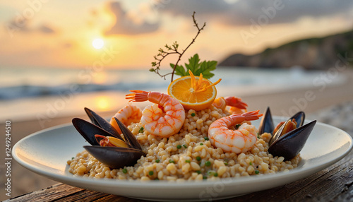 Vibrant seafood risotto with shrimp and mussels at sunset, coastal delight