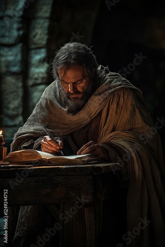 Senior Prophet Disciple Writing Scriptures in Candlelit Dungeon Stone Room with Wooden Desk