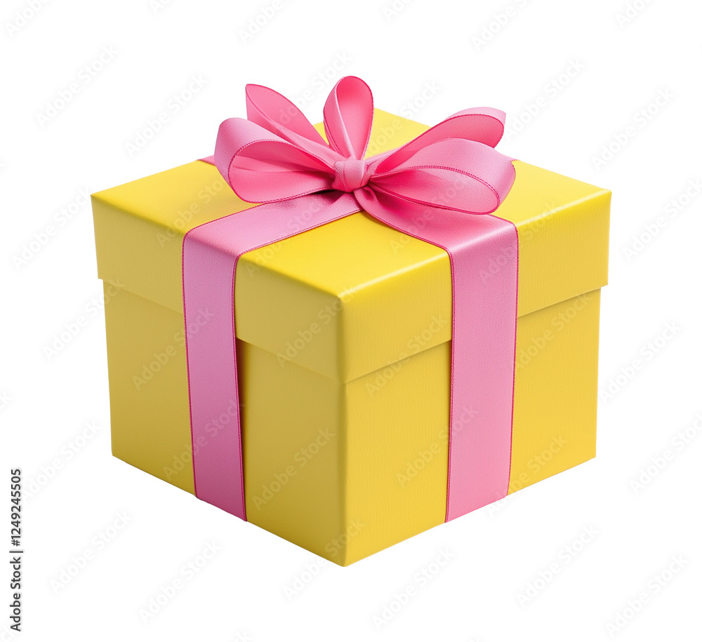 Yellow gift box with pink satin ribbon image isolated transparent, ai generated. Celebration present. Wrapped giftbox cut out photo png. Special occasion giveaway cutout element object photography