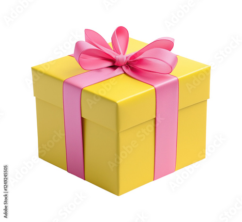 Obraz na płótnie Yellow gift box with pink satin ribbon image isolated transparent, ai generated. Celebration present. Wrapped giftbox cut out photo png. Special occasion giveaway cutout element object photography w salonie
