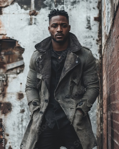 A stylish African American man in a deconstructed fashion ensemble, posing against a raw industrial backdrop photo