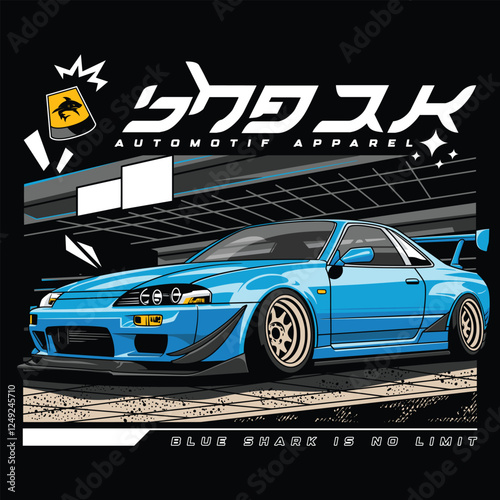 blue shark is no limits, car design apparel illustration photo