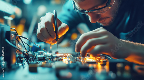 Expert technician skillfully repairing a high-tech device under warm natural lighting using specialized tools and keen focus