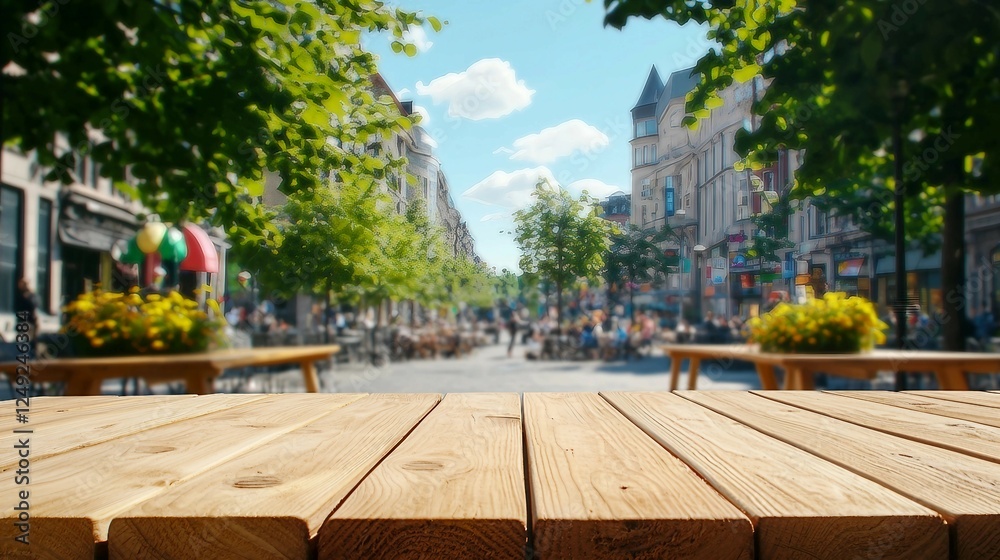 Wooden Table Overlooking a Busy Street with Trees and Blue Sky Wooden Table Overlooking a Busy Street with Trees and Blue Sky