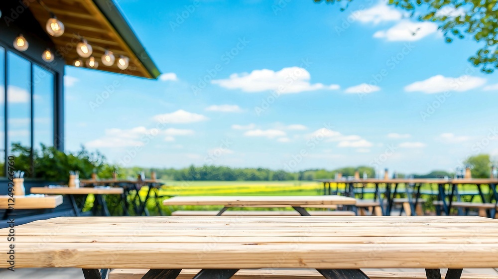 Serene Outdoor Dining Area with Wooden Tables and Bright Blue Sky Serene Outdoor Dining Area with Wooden Tables and Bright Blue Sky