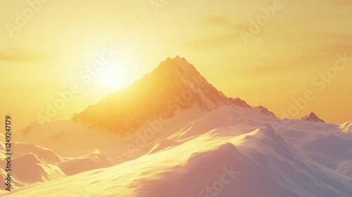 A sunrise over a majestic snowy peak, golden light casting long shadows across the icy slopes photo