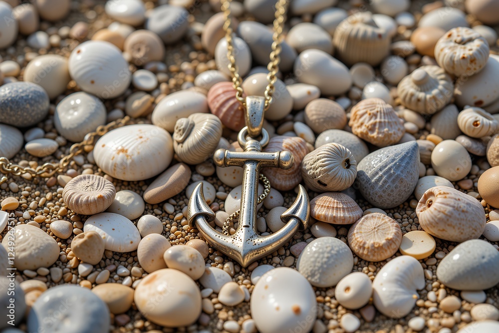 Obraz premium Silver Anchor Necklace on Seashells Beach