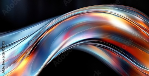 Futuristic Abstract 3D Glass Shape with Iridescent Colors and Reflective Curves on Black Background
