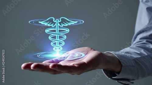 AI Healthcare Hologram on Doctor’s Hand, Smart Medical Tech, Digital Health Innovation, Generative AI photo