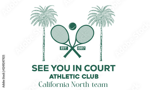 Athletic club art. Date palm tree vector design. Tennis court graphic design. Malibu california tennis club artwork for t shirt, posters, stickers, background and others.