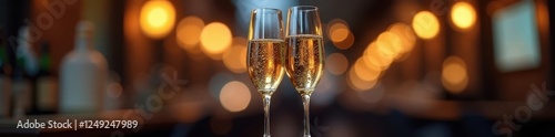 Two champagne glasses, partially filled, tilted together, event, texture, backdrop