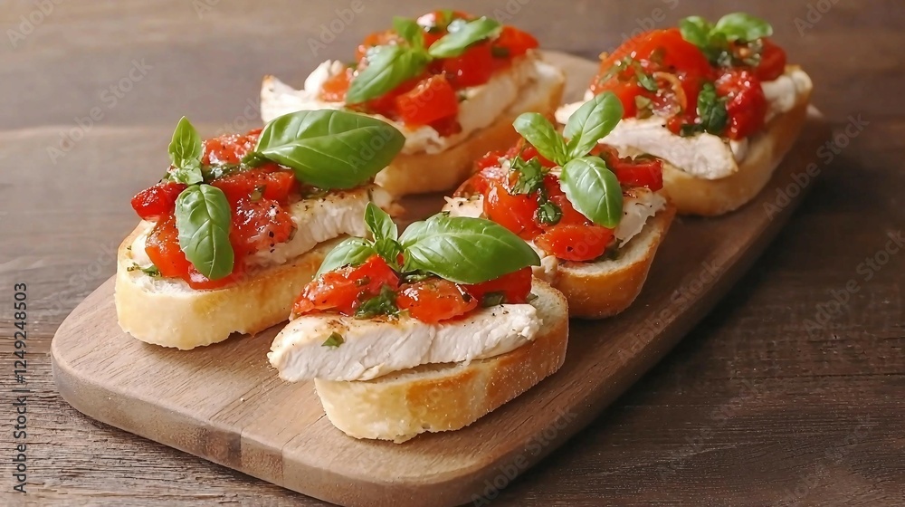 Delicious Bruschetta with Chicken and Fresh Basil on Wooden Board Delicious Bruschetta with Chicken and Fresh Basil on Wooden Board