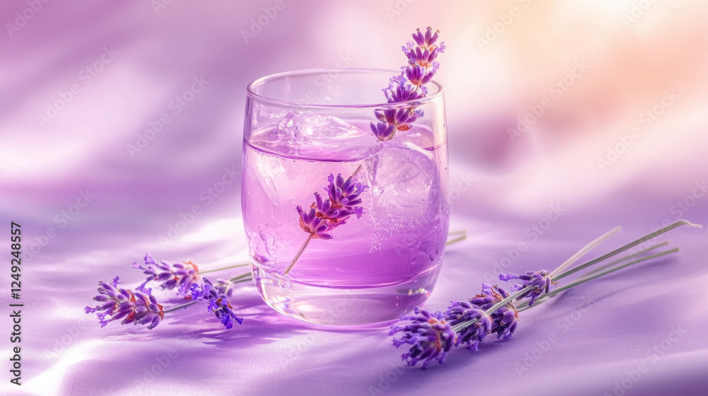 Refreshing lavender cocktail with ice cubes and blossoms on soft purple background Refreshing lavender cocktail with ice cubes and blossoms on soft purple background