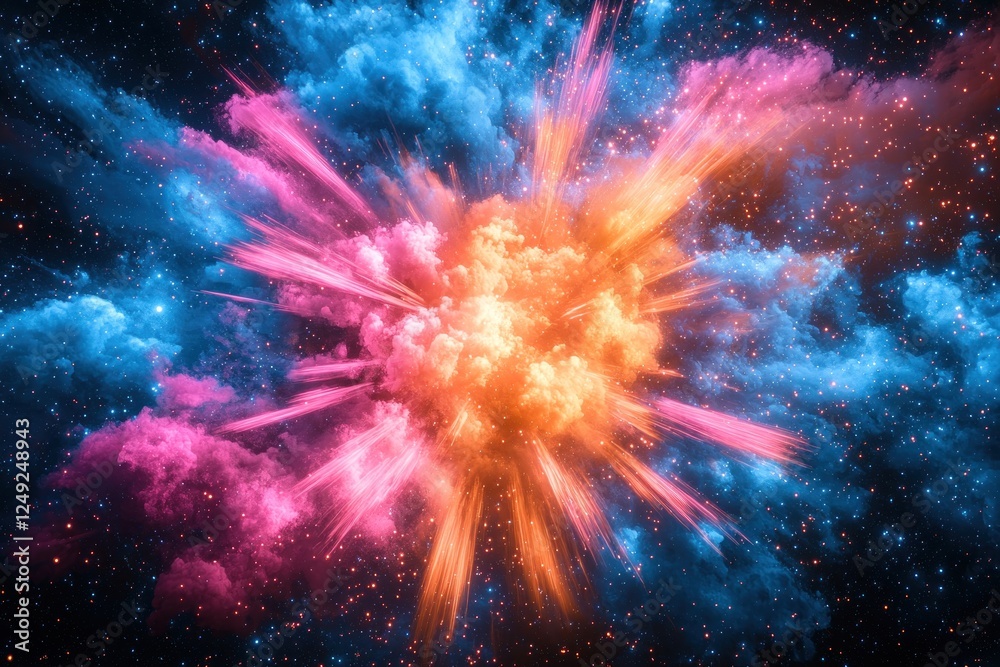 Fototapeta premium Vibrant cosmic explosion with colorful clouds illuminating the dark space