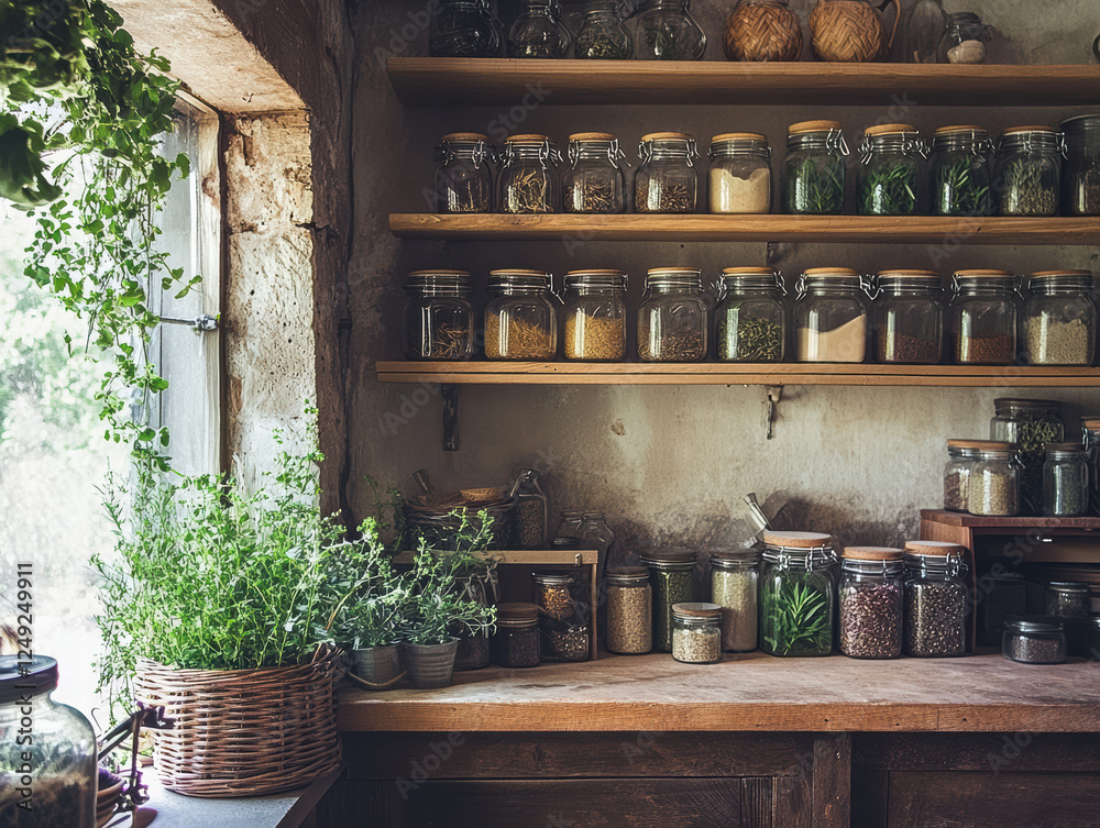 rustic kitchen featuring shelves filled with jars of homemade skincare remedies and herbs, creating warm and inviting atmosphere rustic kitchen featuring shelves filled with jars of homemade skincare remedies and herbs, creating warm and inviting atmosphere