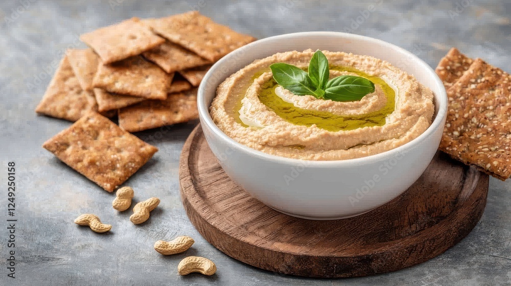 Food Tolerance Concept, Freshly Made Nut-Free Hummus with Olive Oil and Gluten-Free Crackers on a Wooden Board Food Tolerance Concept, Freshly Made Nut-Free Hummus with Olive Oil and Gluten-Free Crackers on a Wooden Board