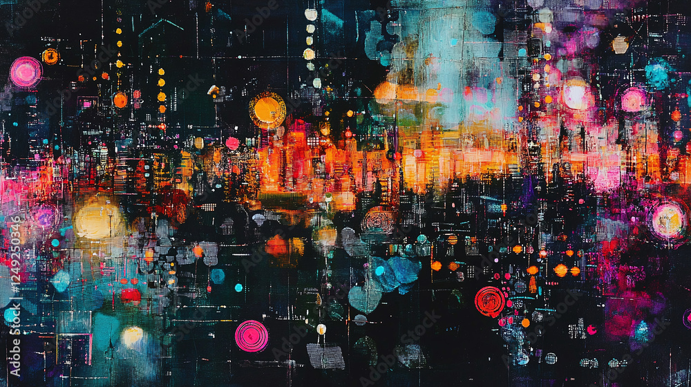 Fototapeta premium Modern urban center shown with a mesh of IoT connections and smart devices managing the city's utilities
