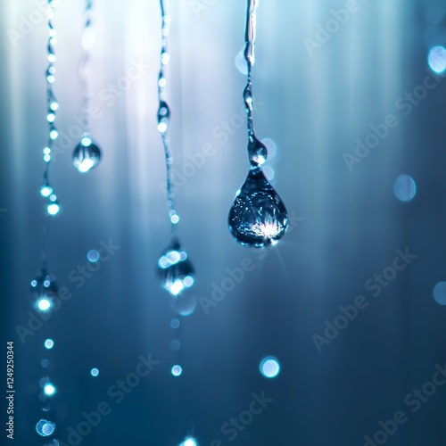 drop of waterThe largest droplet in the foreground is in sharp focus, showcasing its smooth, transparent surface and the intricate way it refracts light